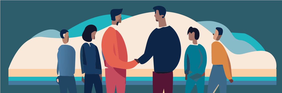 Graphic of six people with two of them shaking hands in partnership