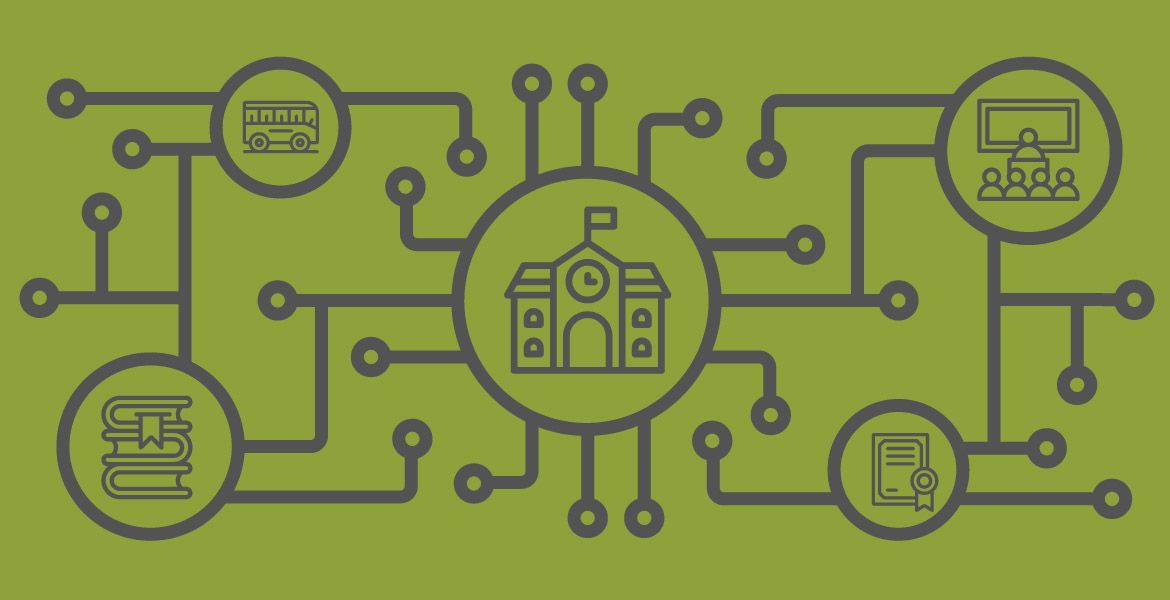 icons of school elements with digital connections